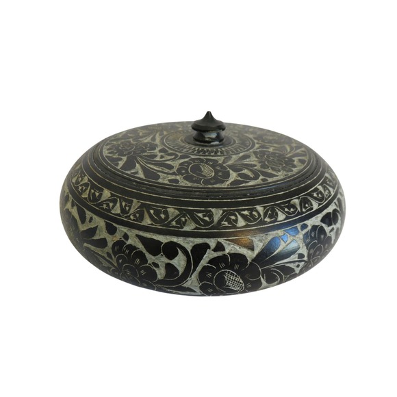 Vintage Mexican Folk Art Hand Carved Stone Lidded Round Bowl Box Floral 4" x 8" - Picture 3 of 7